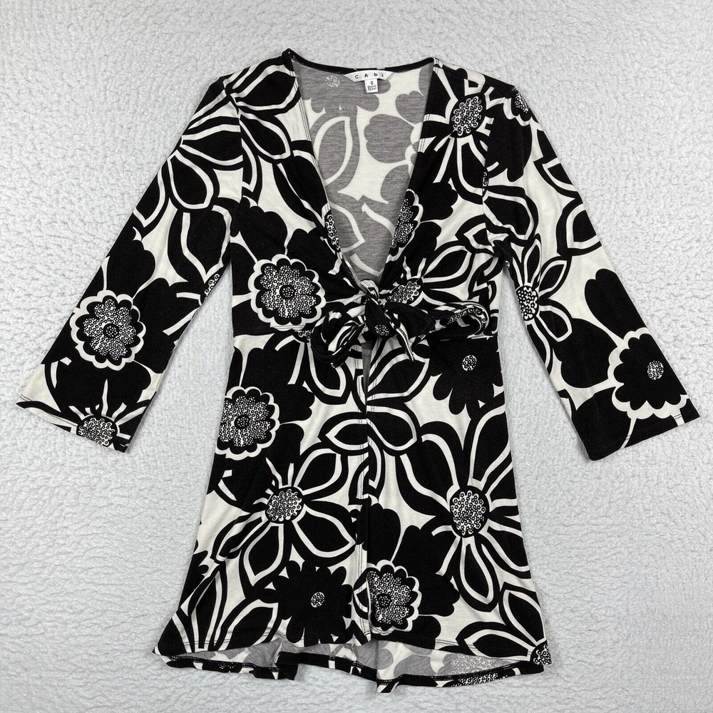 Cabi Sweater Womens Small Black White Floral Wrap Open Tie Cardigan Career Retro